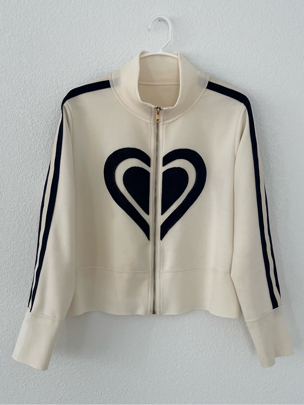 Vintage Off White Cream Bomber Jacket with Navy Heart and Stripe Accents